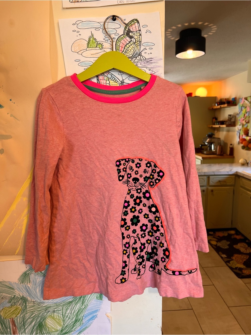 Mini Boden Pink Long-Sleeve Tee with Floral Spot Puppy